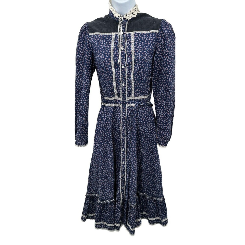 Gunne Sax Navy Floral Maxi Dress with Cream Lace Collar